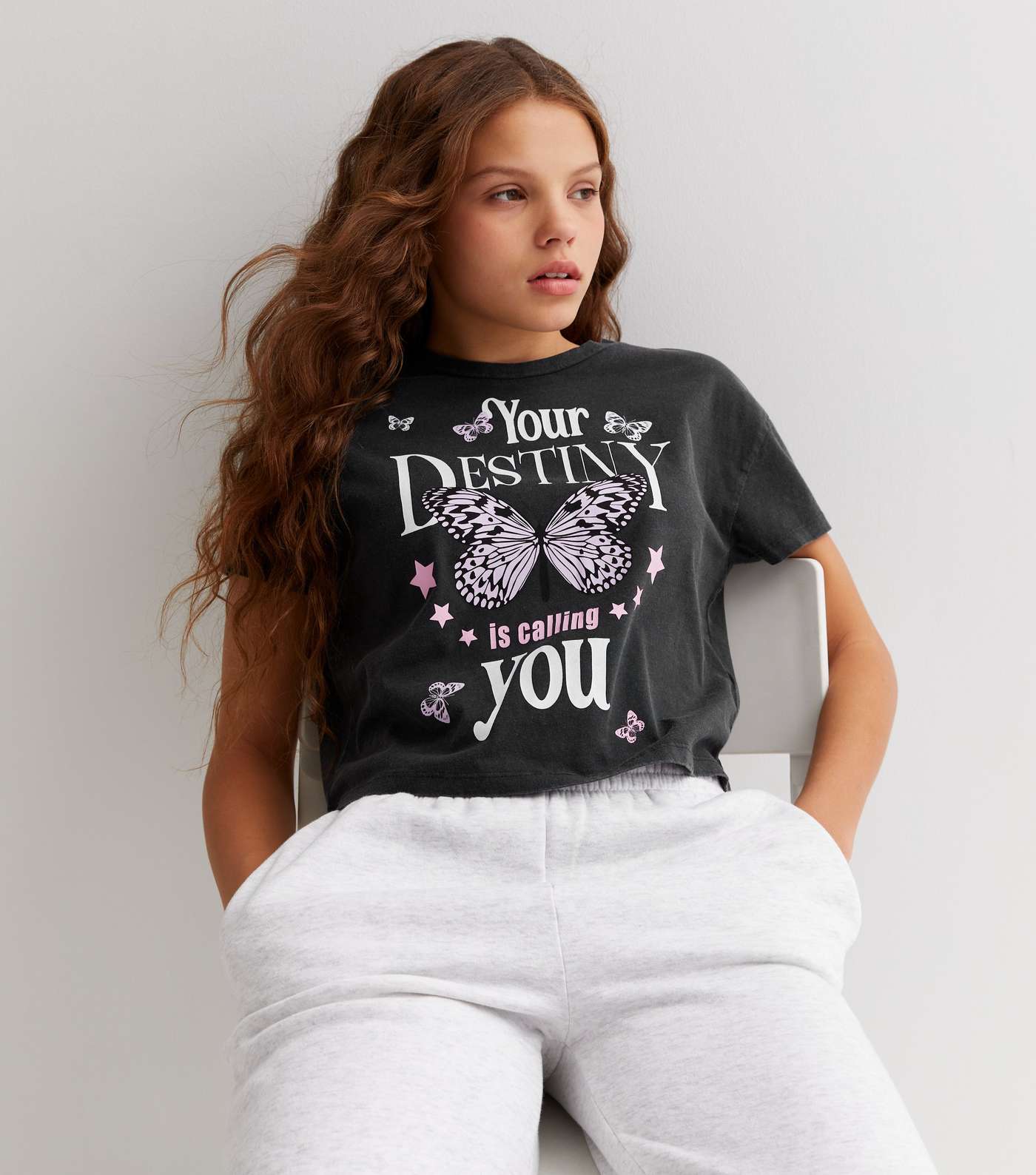 Girls Dark Grey Butterfly Destiny Logo T-Shirt