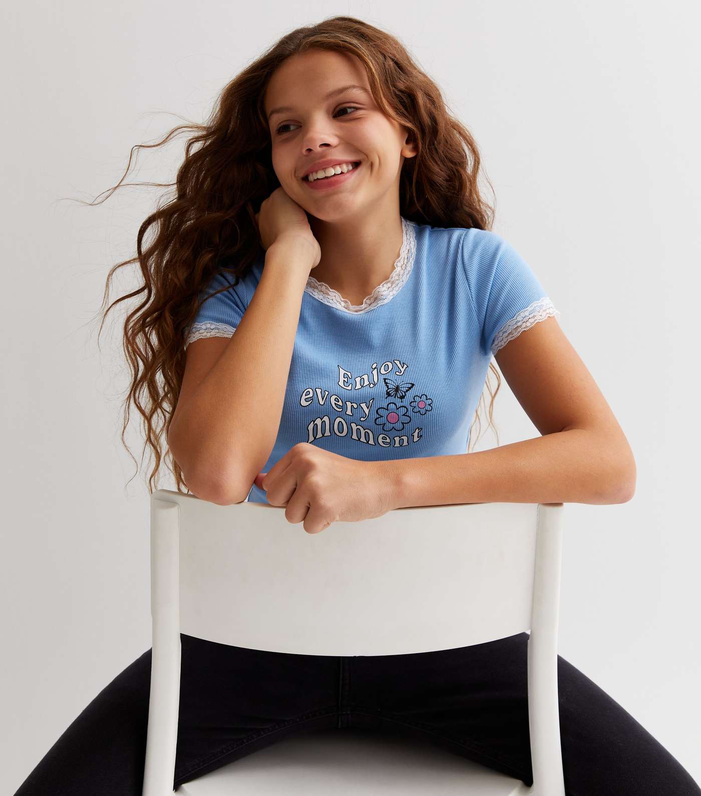 Girls Pale Blue Ribbed Lace Trim Logo T-Shirt