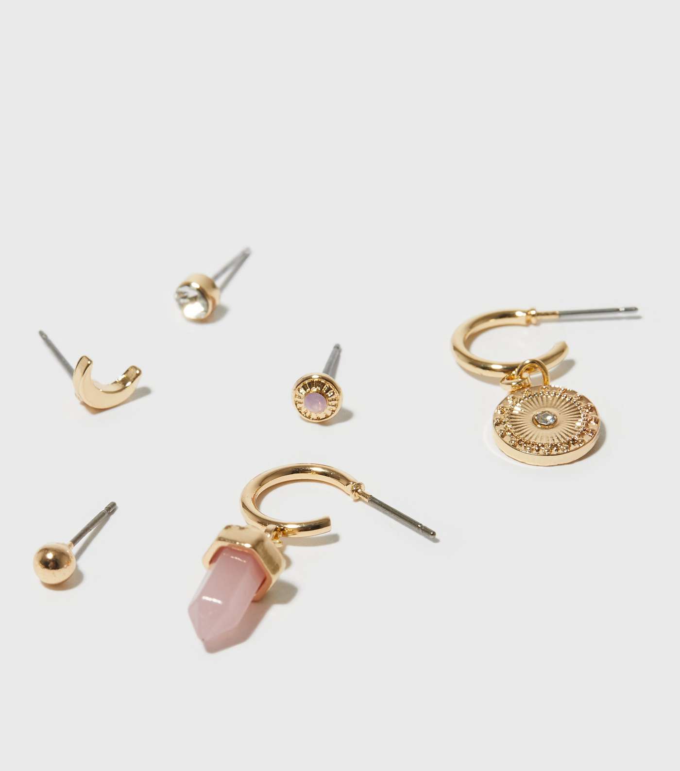 6 Pack Gold Mixed Stud and Pink Charm Hoop Earrings Image 2