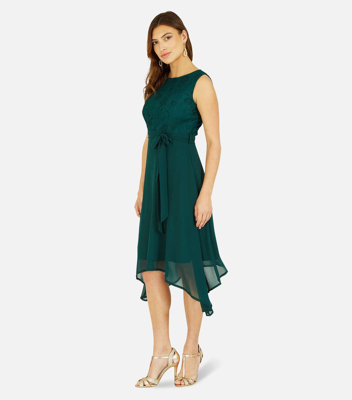 Mela Dark Green Lace Sleeveless Dip Hem Midi Dress Image 3
