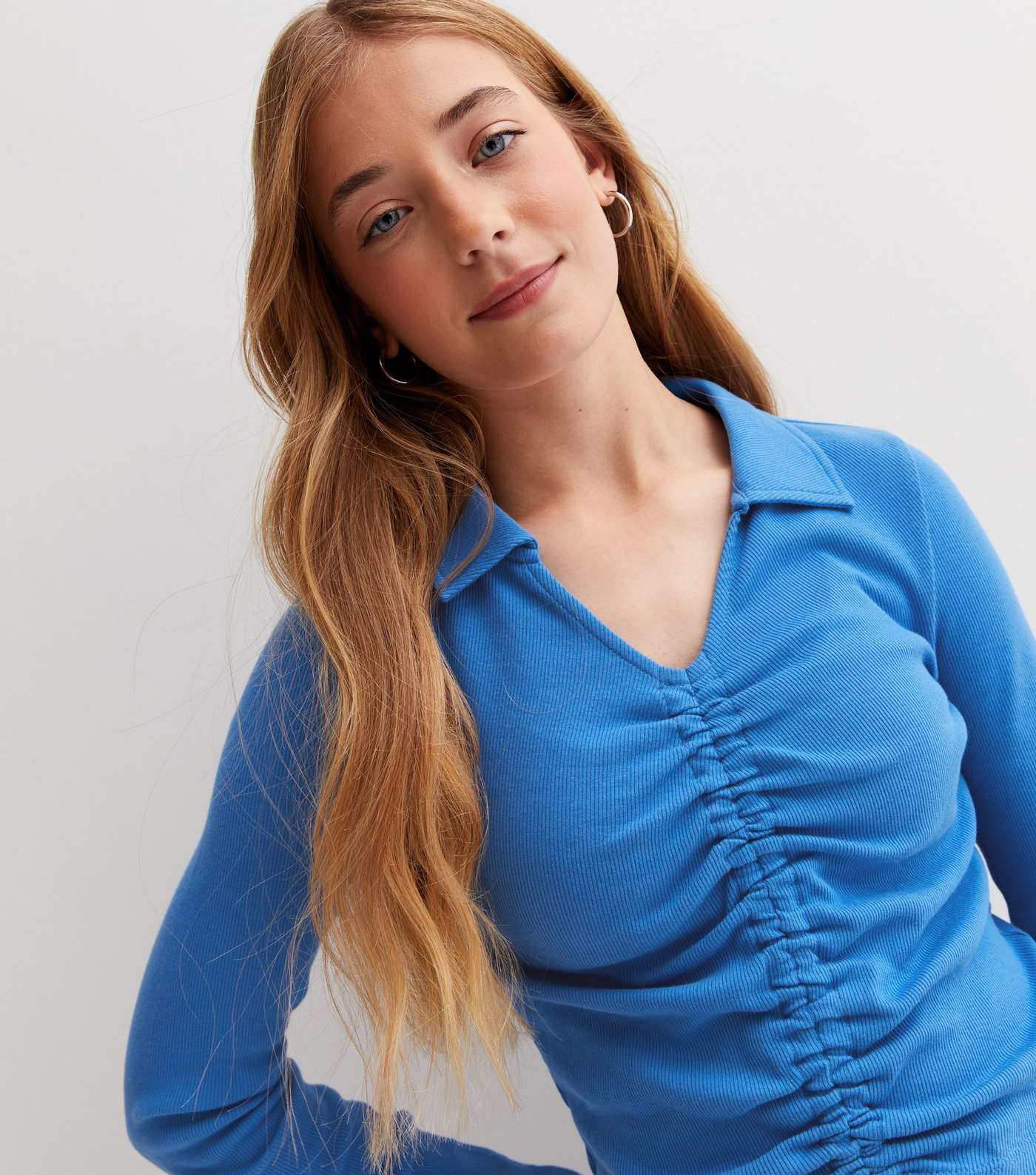 Girls Turquoise Ribbed Jersey Collared Ruched Top Image 3