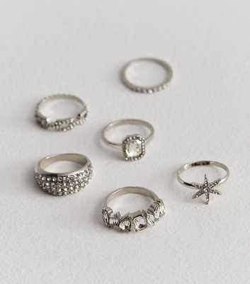 6 Pack Silver Diamanté Mixed Stacking Rings