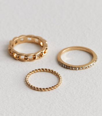 3 Pack Gold Chain Rings New Look