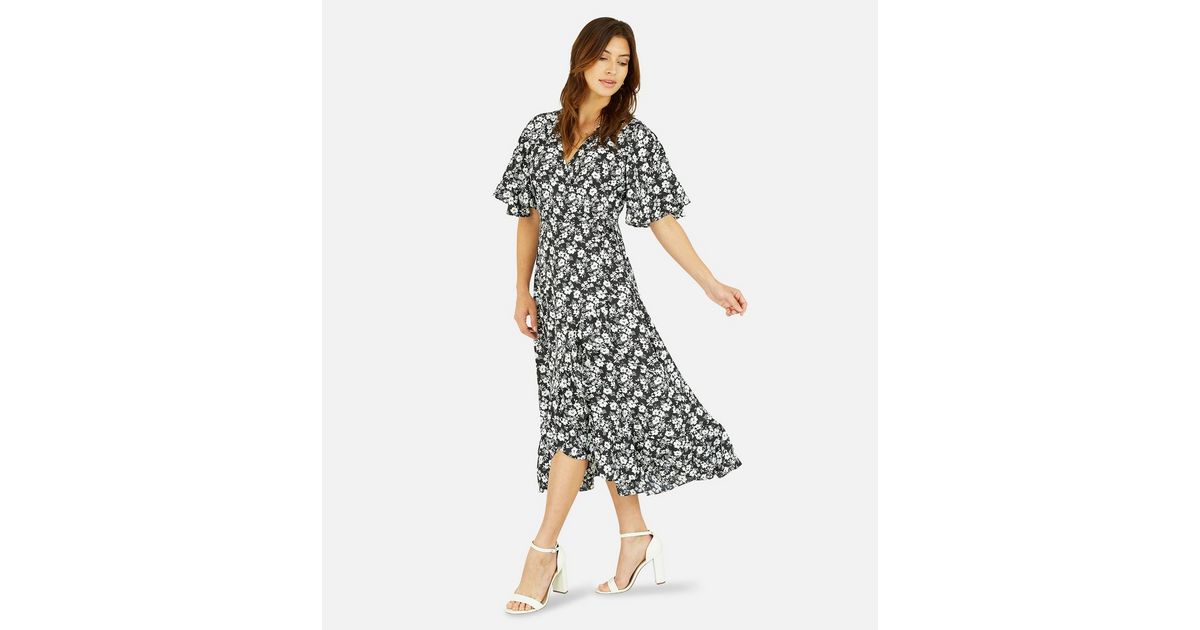 Mela Black Floral Flutter Sleeve Midi Wrap Dress New Look 1566