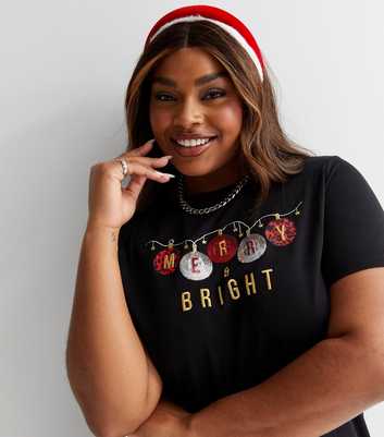 Curves Black Merry and Bright Christmas Baubles Logo T-Shirt