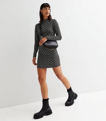 Black Geometric Jersey Open Back Mini Bodycon Dress