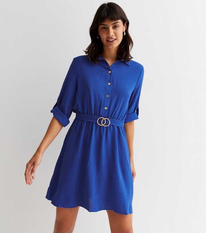 Belted Mini Shirt Dress, Blue