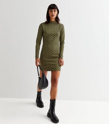 Green Geometric High Neck Long Sleeve Open Back Mini Bodycon Dress