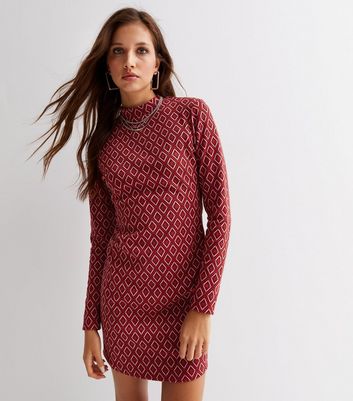 Pink Retro Geometric High Neck Open Back Long Sleeve Mini Dress | New Look