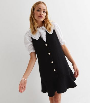 Black Boucle Flippy Mini Pinafore Dress New Look