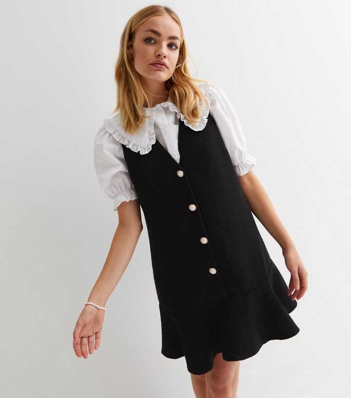 Black Bouclé Flippy Mini Pinafore Dress