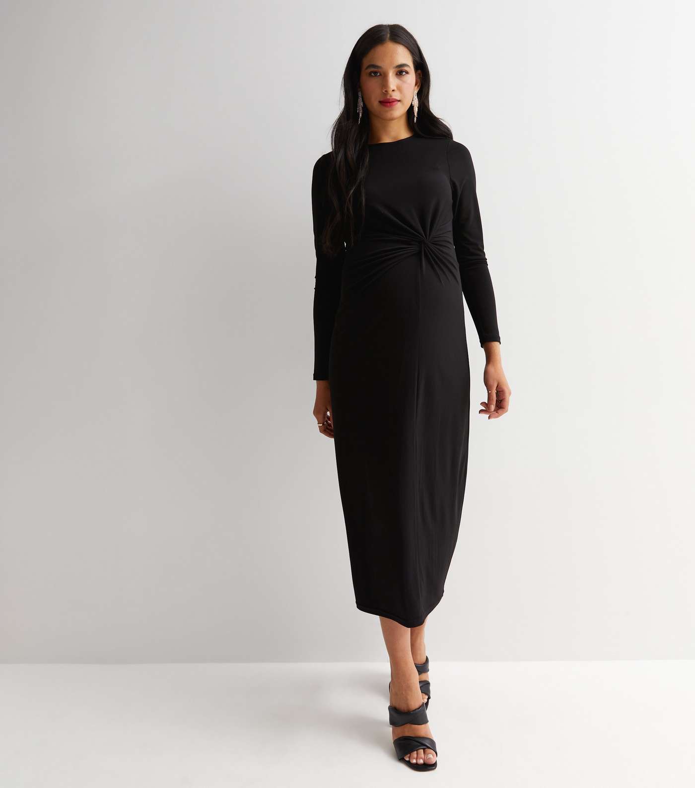 Maternity Black Jersey Twist Front Midi Dress Image 3