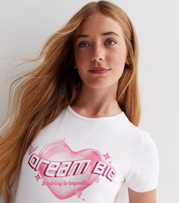 Girls White Dream Big Heart Logo T-Shirt New Look