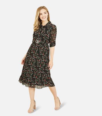 Mela Black Ditsy Floral Pleated Midi Shirt Dress New Look