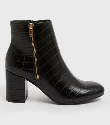 Black Faux Croc Block Heel Zip Ankle 
