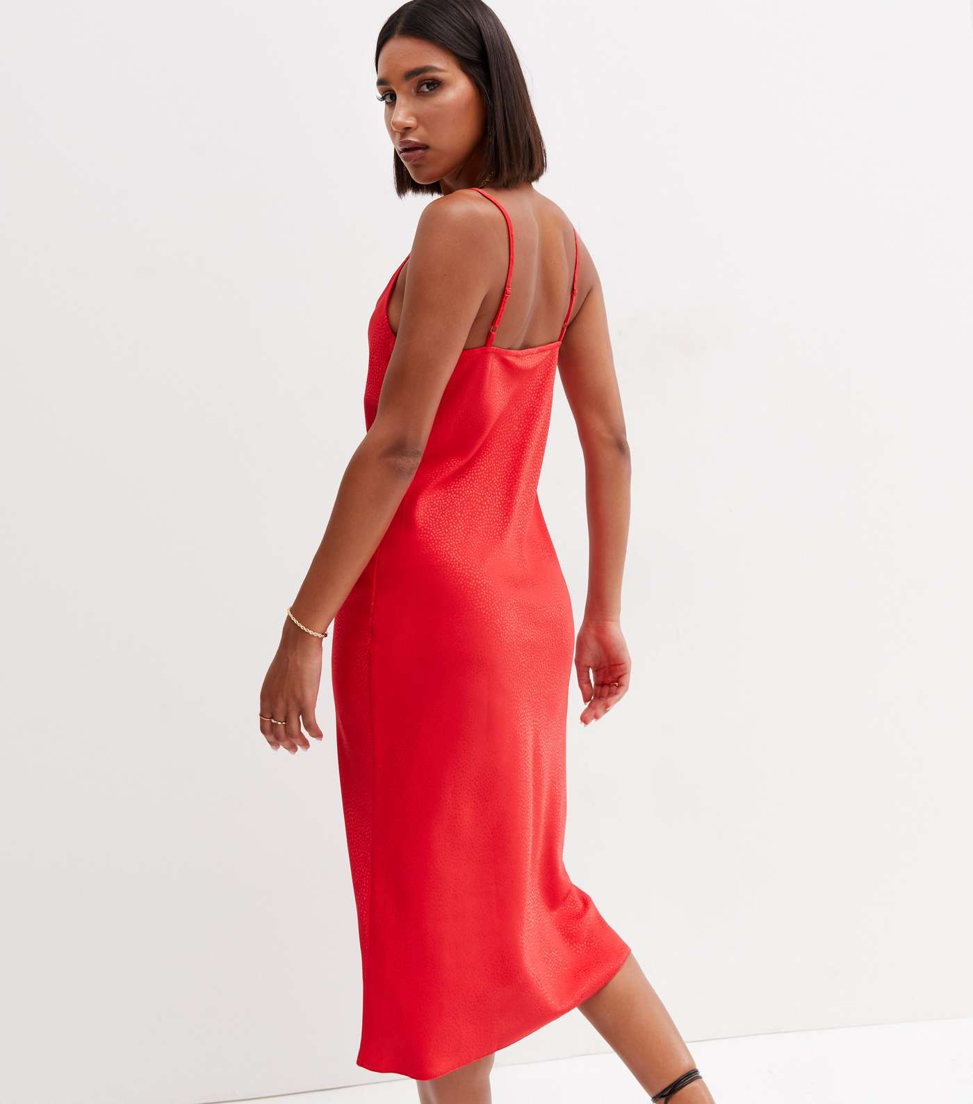 Red Jacquard Satin Cowl Neck Midi Slip Dress Image 4