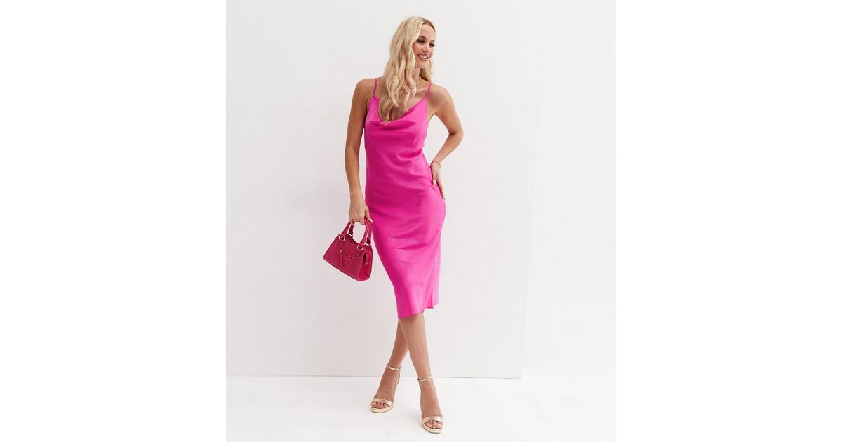 Bright Pink Jacquard Satin Cowl Neck Midi Slip Dress | New Look