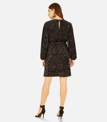 Mela Black Sequin Crew Neck Long Sleeve Belted Mini Dress New Look