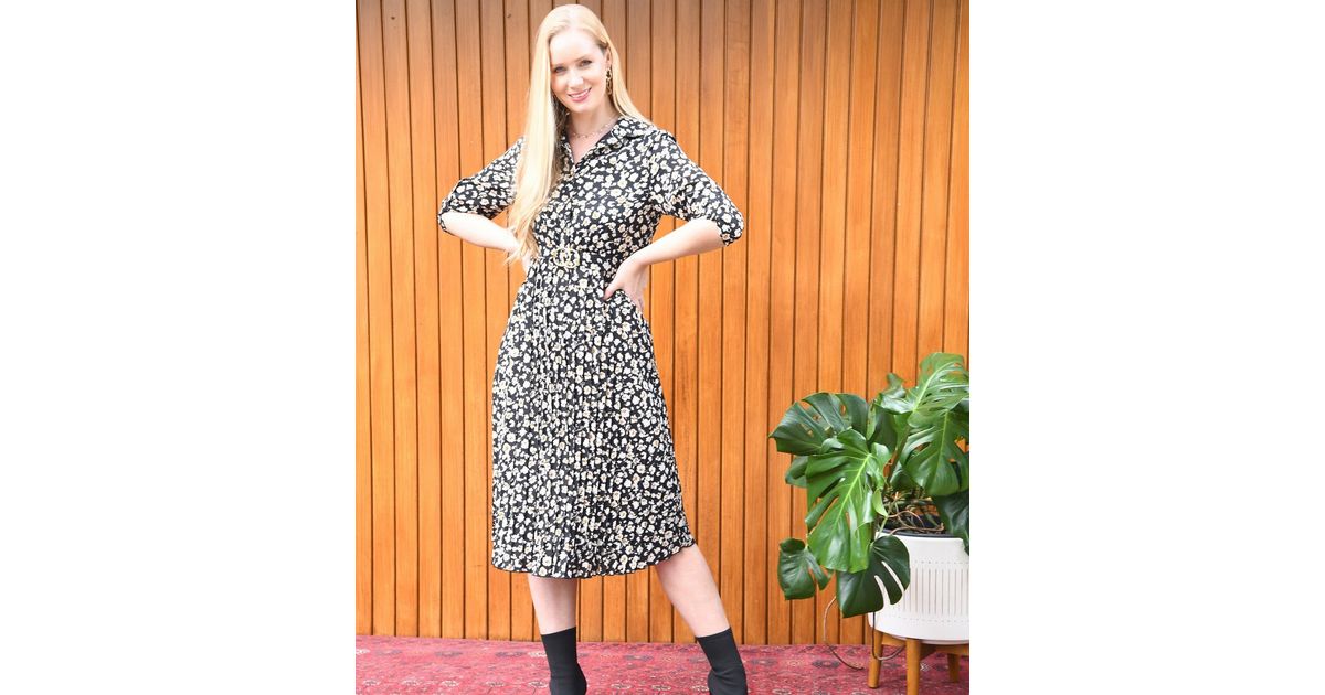 Mela Black Daisy Belted Pleated Midi Shirt Dress New Look