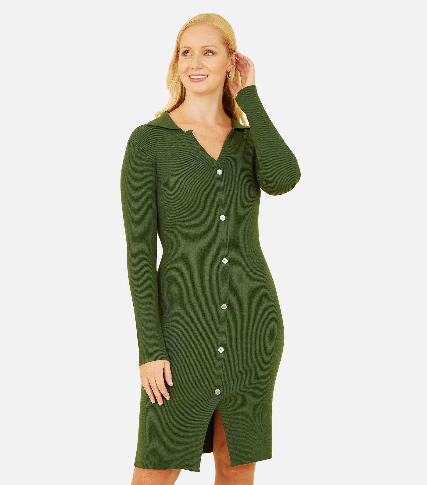 Mela Green Ribbed Knit Button Front Midi Polo Dress Image 3