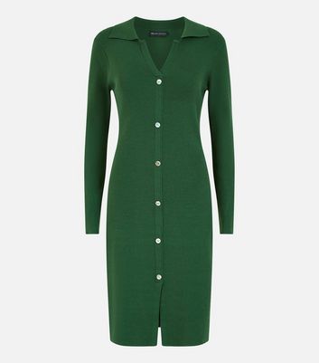 Mela Green Ribbed Knit Button Front Midi Polo Dress New Look