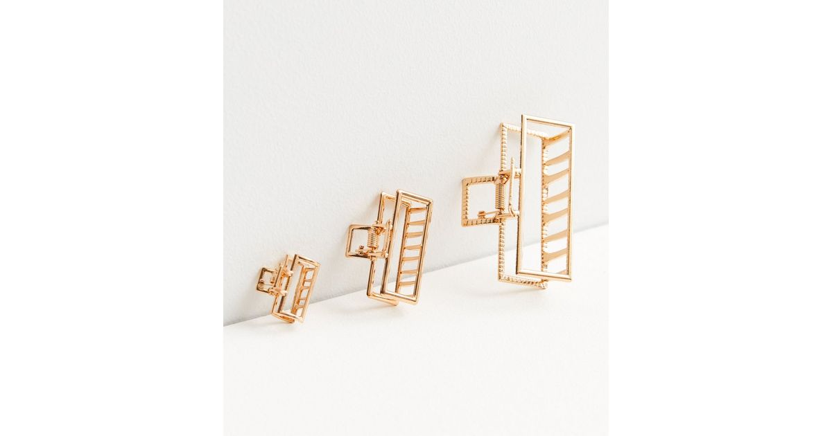 3 Pack Gold Mixed Size Rectangle Bulldog Hair Clips | New Look