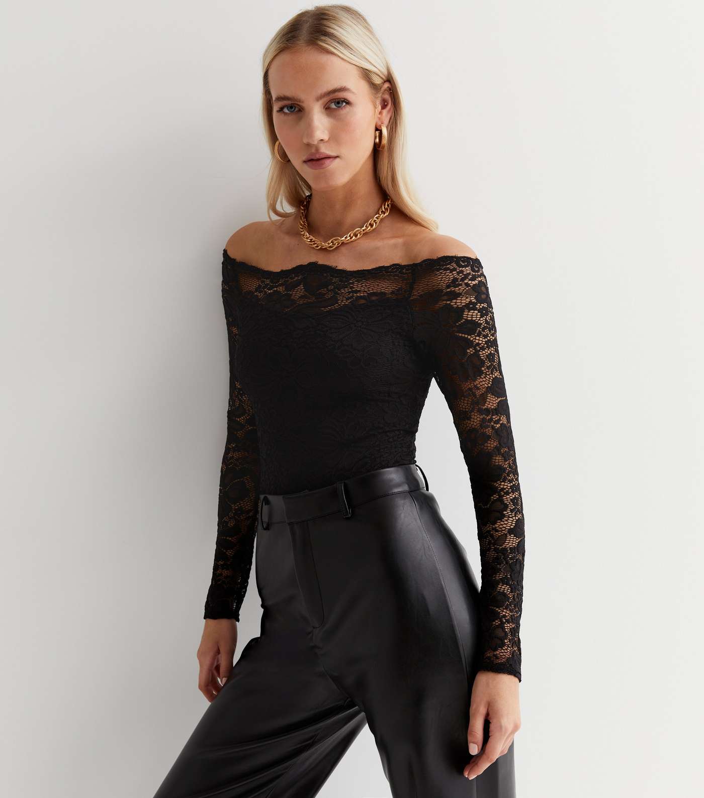 Black Lace Long Sleeve Bardot Bodysuit