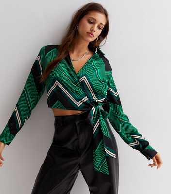 Green Zig Zag Satin Wrap Crop Blouse