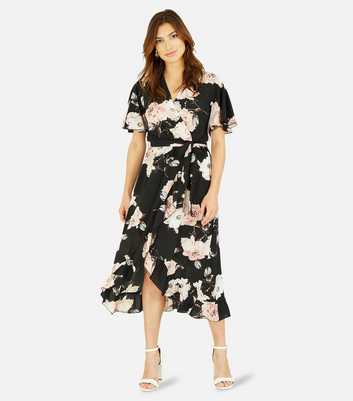 Mela Black Floral Short Flutter Sleeve Midi Wrap Dress