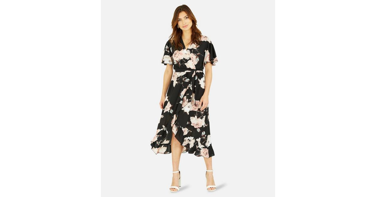 Mela Black Floral Short Flutter Sleeve Midi Wrap Dress | New Look