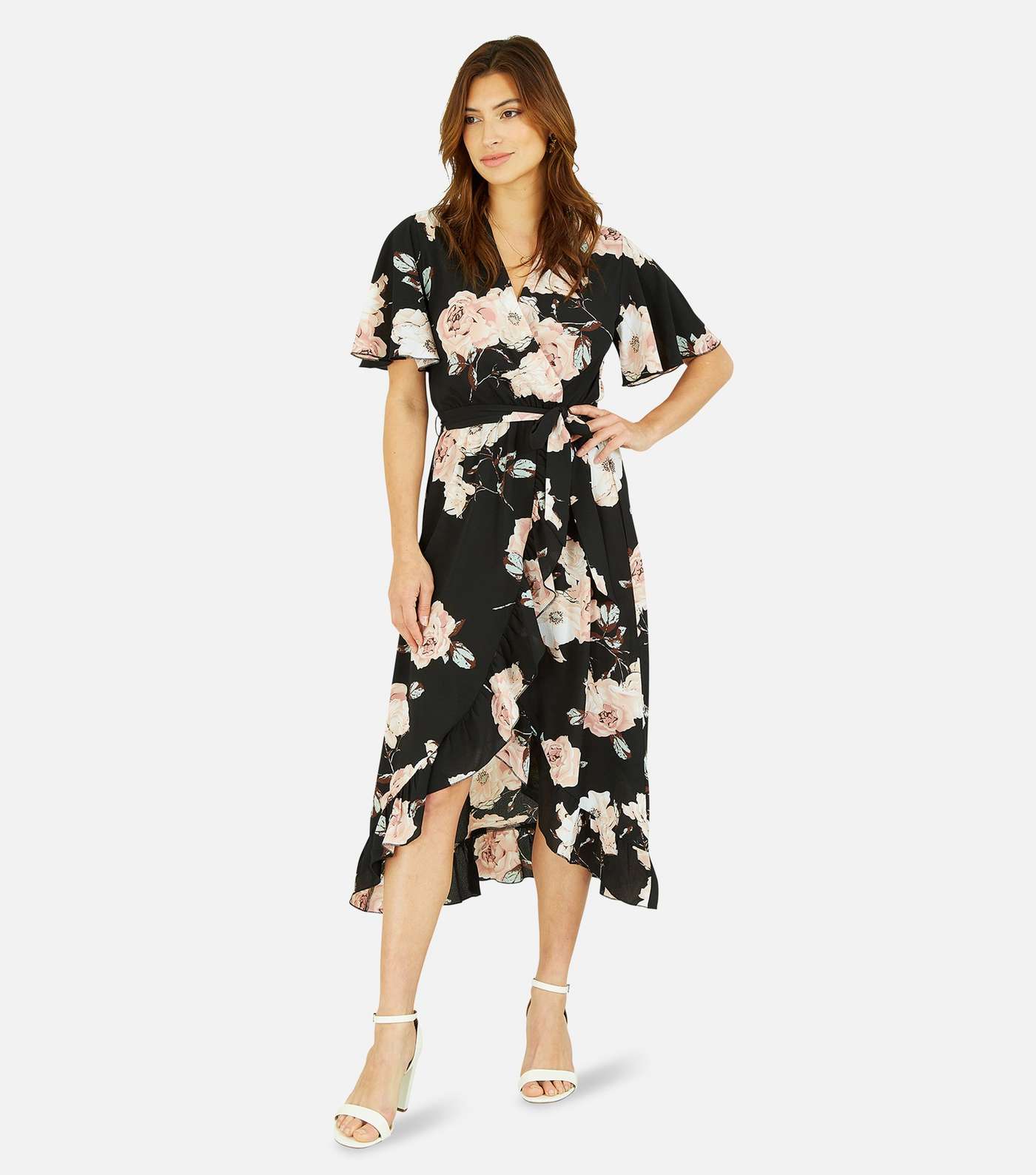 Mela Black Floral Short Flutter Sleeve Midi Wrap Dress Image 4