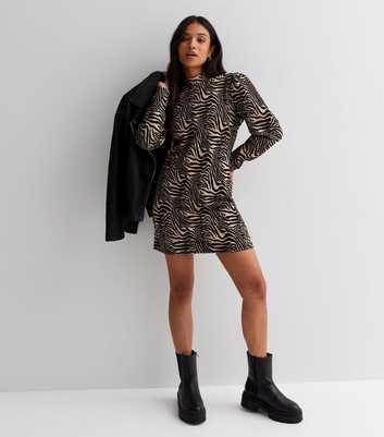 Petite Brown Zebra Print Jacquard Long Sleeve Mini Dress