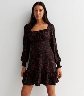 Tall Black Ditsy Floral Square Neck Long Sleeve Mini Dress New Look