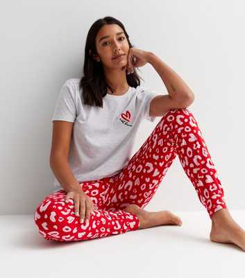 Tall Light Grey Soft Touch Jogger Pyjama Set with Leopard Heart Print