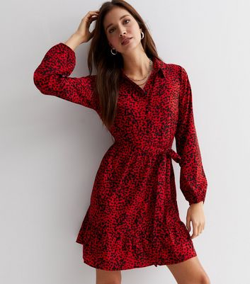 Red Spotty Tie Waist Mini Shirt Dress | New Look