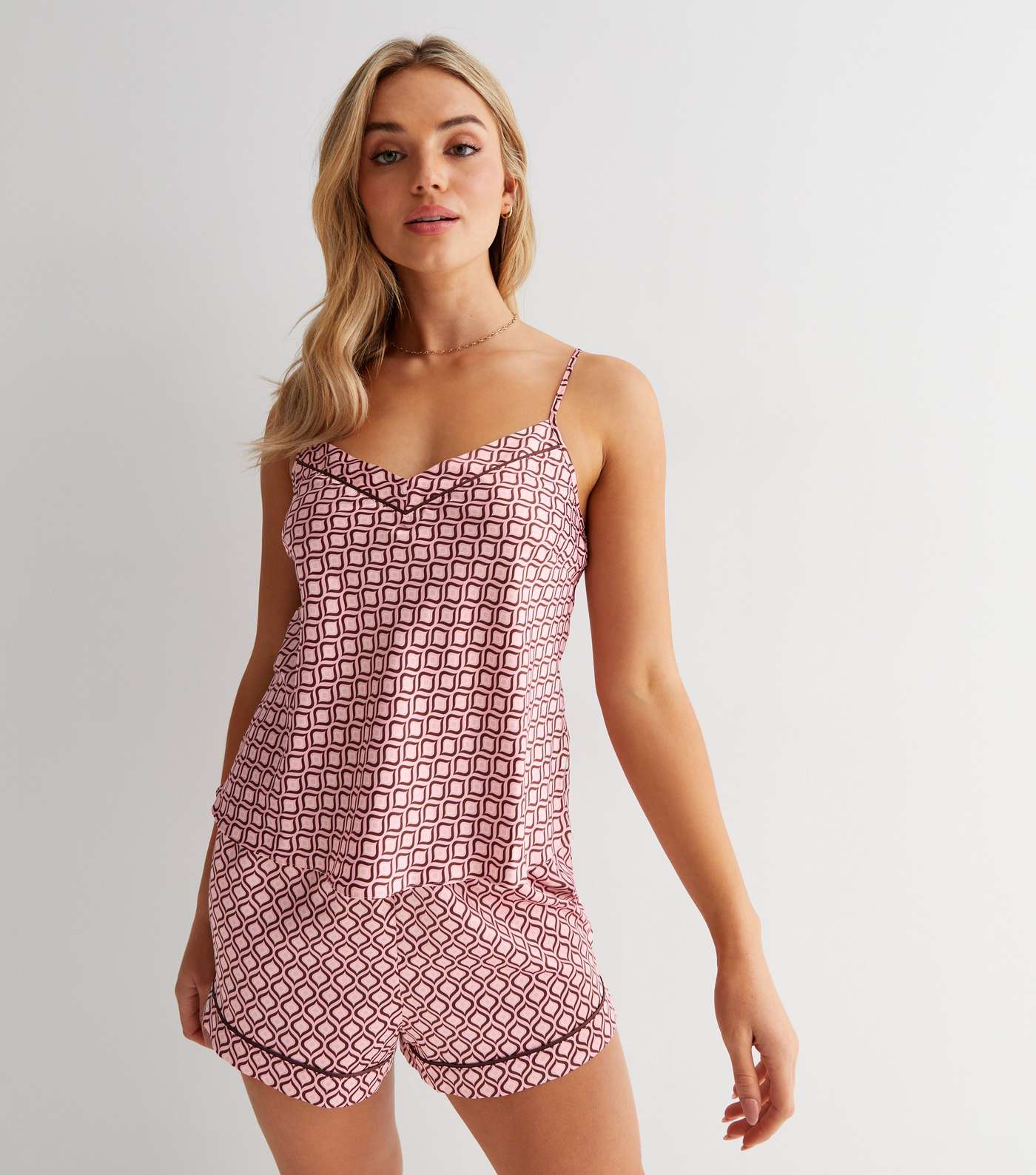 Pink Satin Short Pyjama Set with Geometric Print Image 2