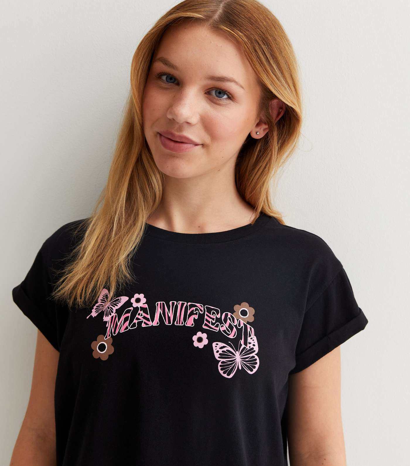 Girls Black Butterfly Manifest Logo T-Shirt Image 3