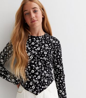 Girls Black Floral Butterfly Hanky Hem Top