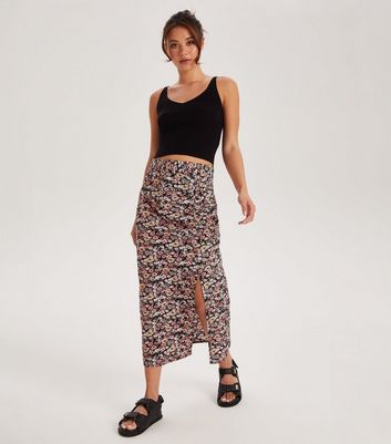 Urban Bliss Black Floral Split Hem Midi Skirt New Look