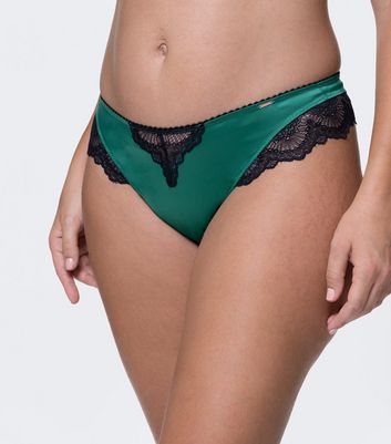Women's Jewel Tone Satin Bra with Panties - Lace Trim / Strappy Detail /  Green