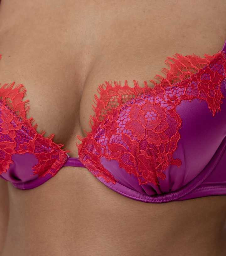 Bright Pink Satin Embroidered Trim Push Up Bra | New Look