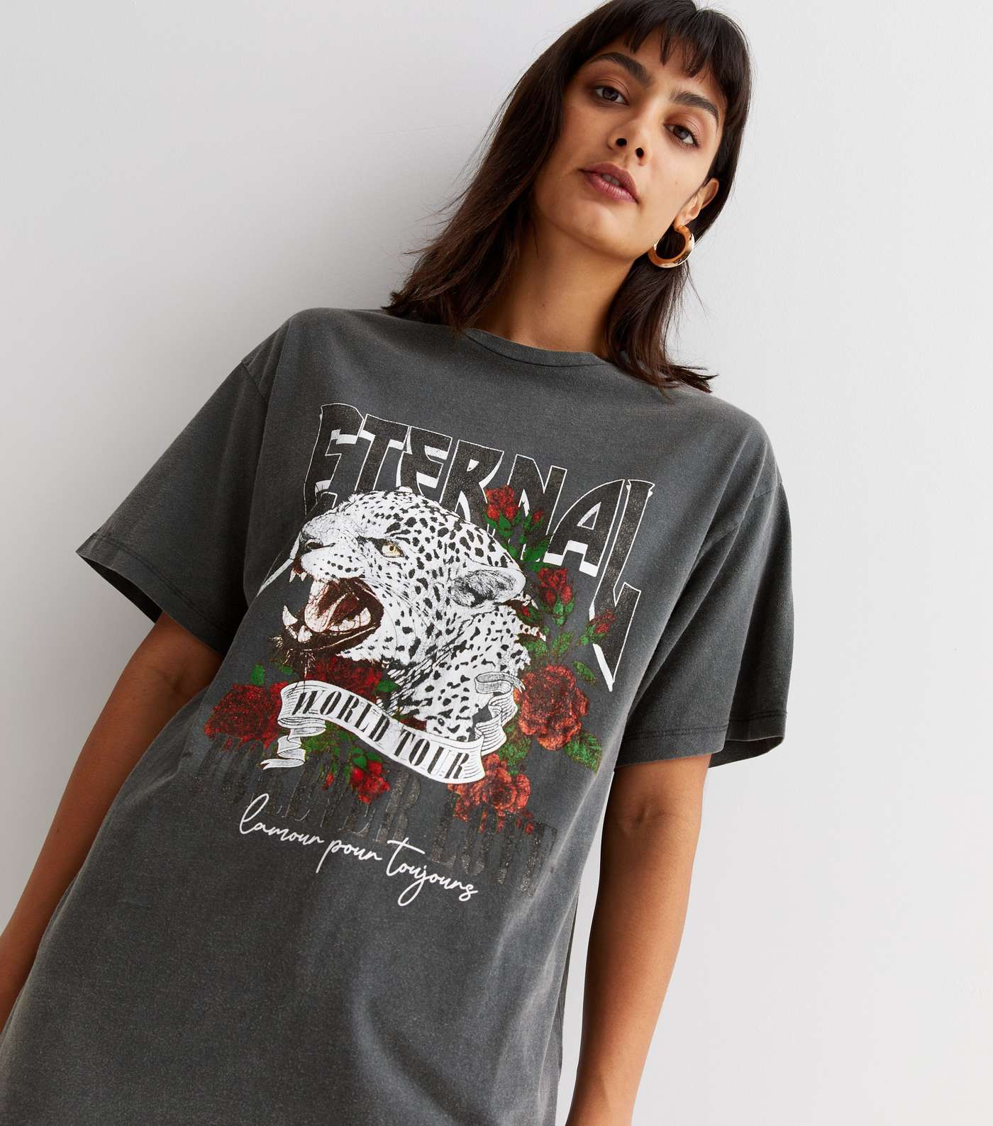 Dark Grey Acid Wash Eternal Leopard Logo Oversized T-Shirt