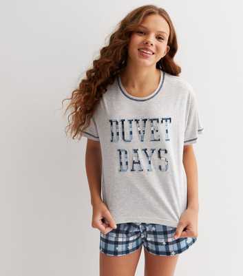 Girls Light Grey Check Short Sleeve Pyjama Set with Duvet Days Logo