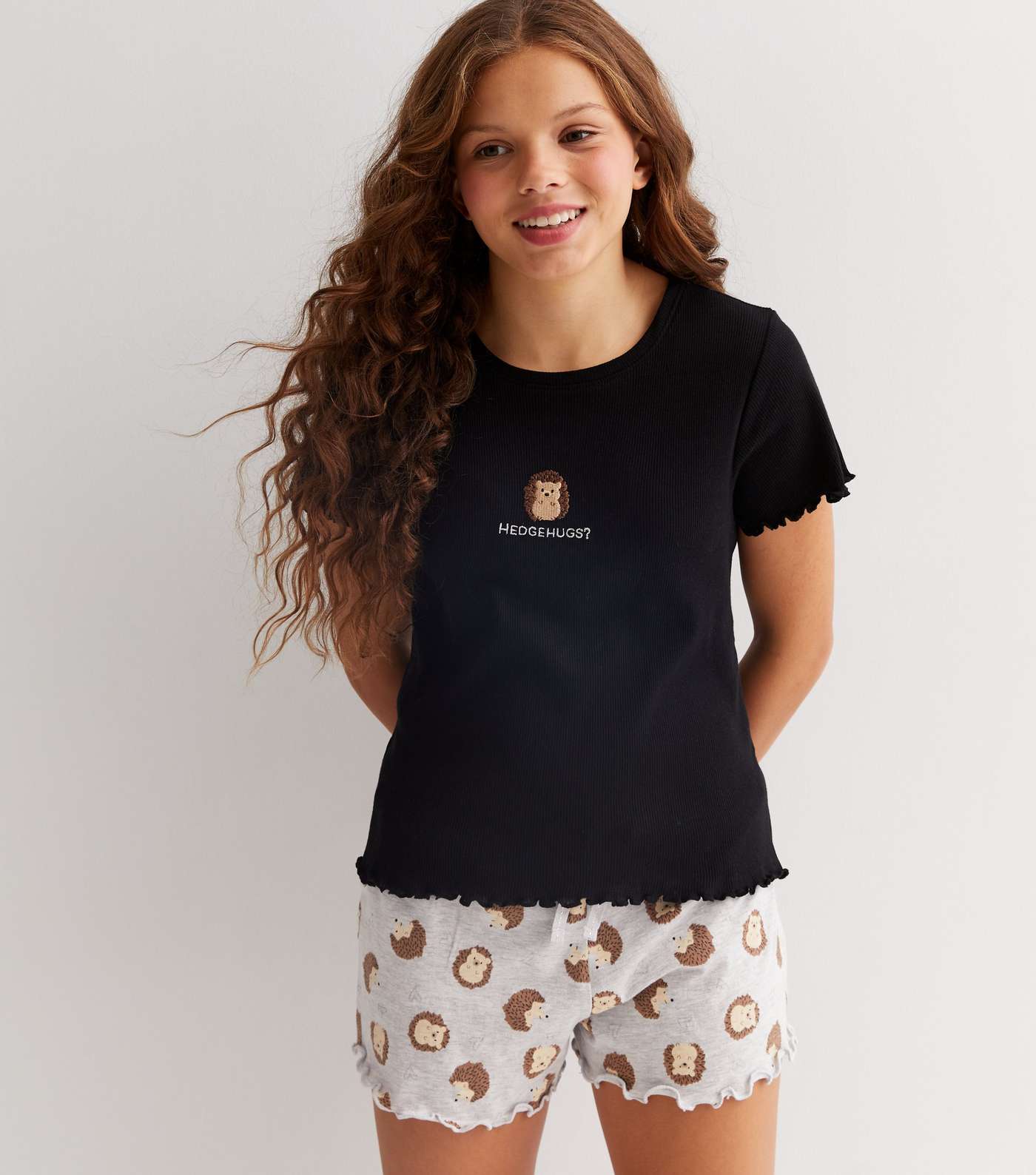 Girls Black Short Pyjama Set with Hedgehugs Logo Image 3