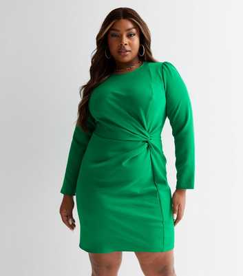 Curves Green Twist Front Long Sleeve Mini Dress