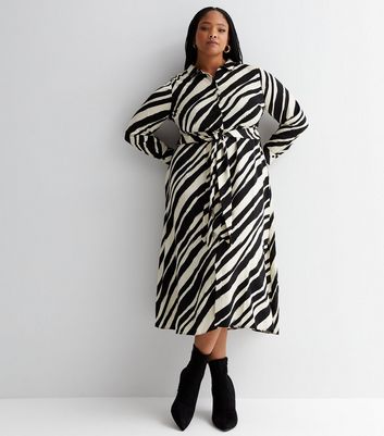 Curves Black Stripe Long Sleeve Tie Waist Midi Dress | New Look