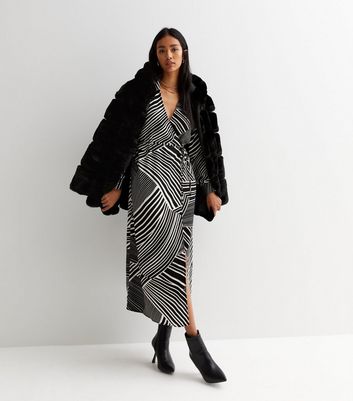 Black Stripe Wrap Collar Long Sleeve Midi Dress New Look