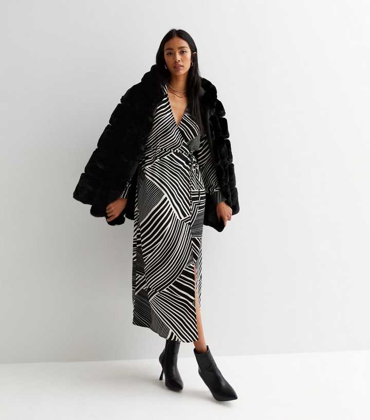 Black Stripe Wrap Collar Long Sleeve Midi Dress