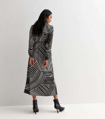 Black Stripe Wrap Collar Long Sleeve Midi Dress | New Look