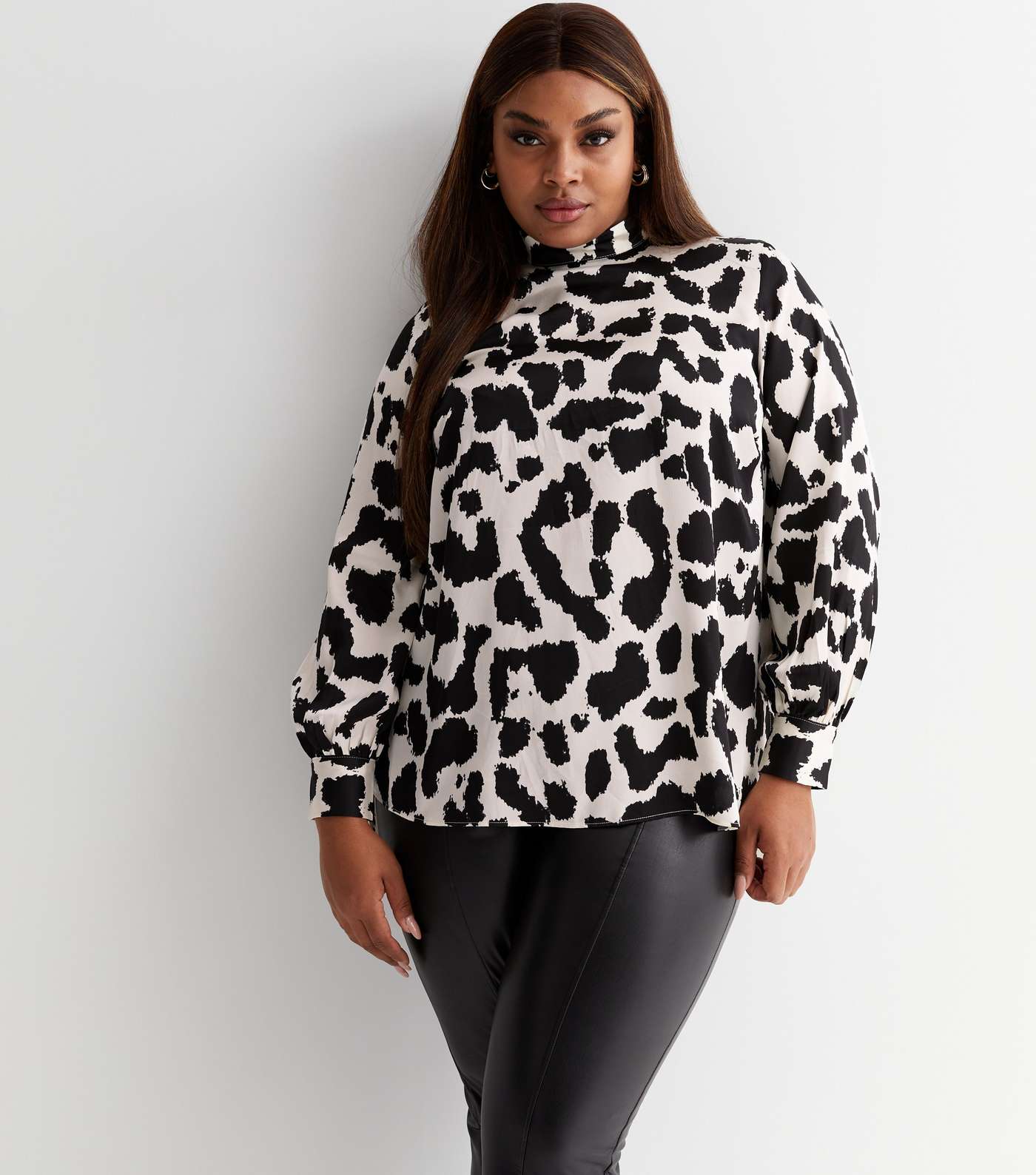 Curves Off White Leopard Print Satin High Neck Long Puff Sleeve Blouse